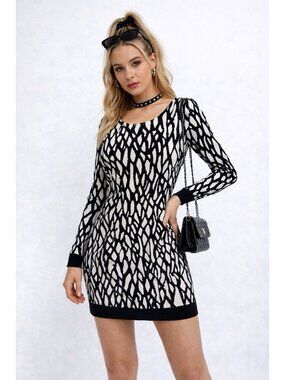 CACHE MINI DRESS geometric 6 long sleeve bodycon black white shimmer knit